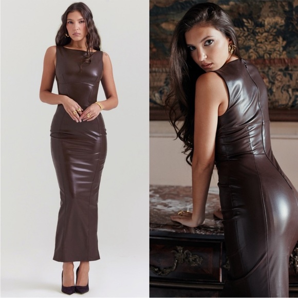 HOUSE OF CB 'Sahara' Cocoa Vegan Leather Maxi Dress NWOT - Picture 3 of 8